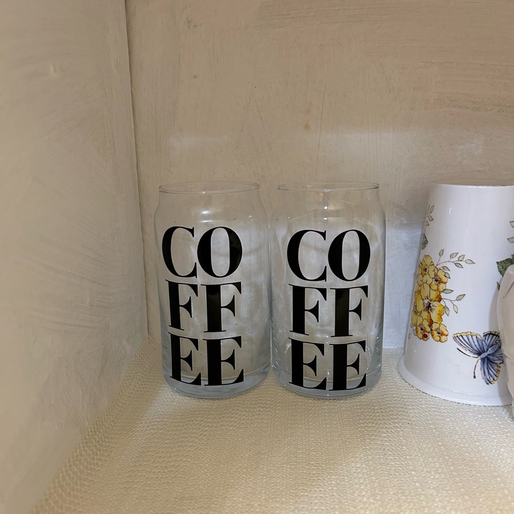 Set of Two Coffee Glasses with Bold Black Lettering